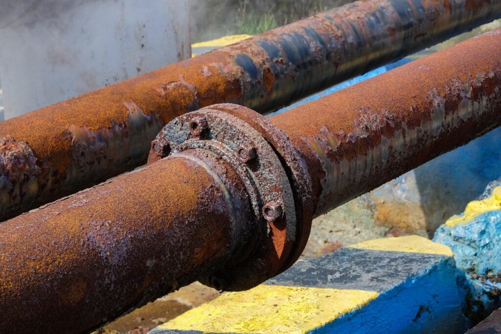 Close-up of a gas leak escaping from a corroded industrial pipe joint, illustrating pressure release and wear in a plant environment.