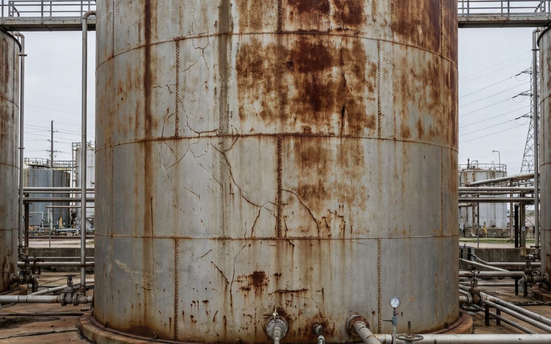 Damaged industrial tank showing signs of corrosion and leaks
