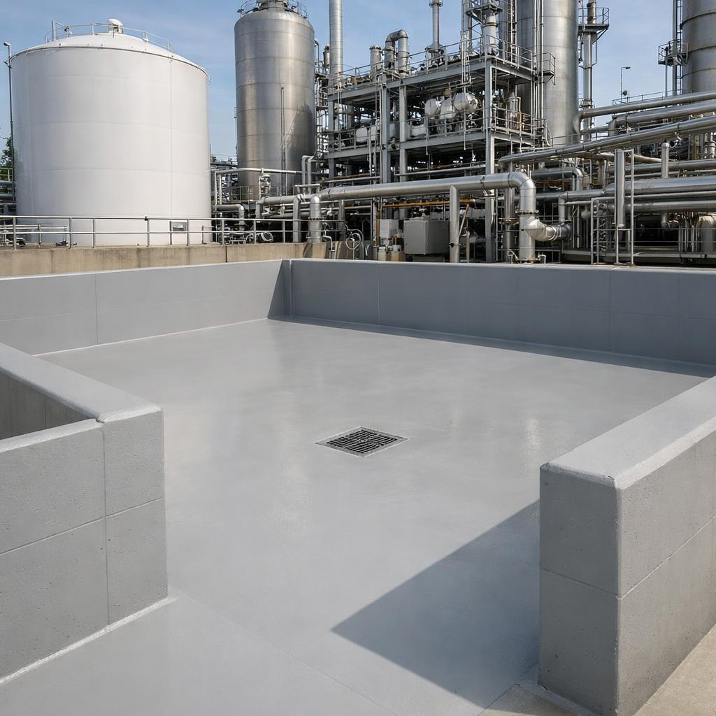 After industrial coating project showing restored containment area following protective coating application