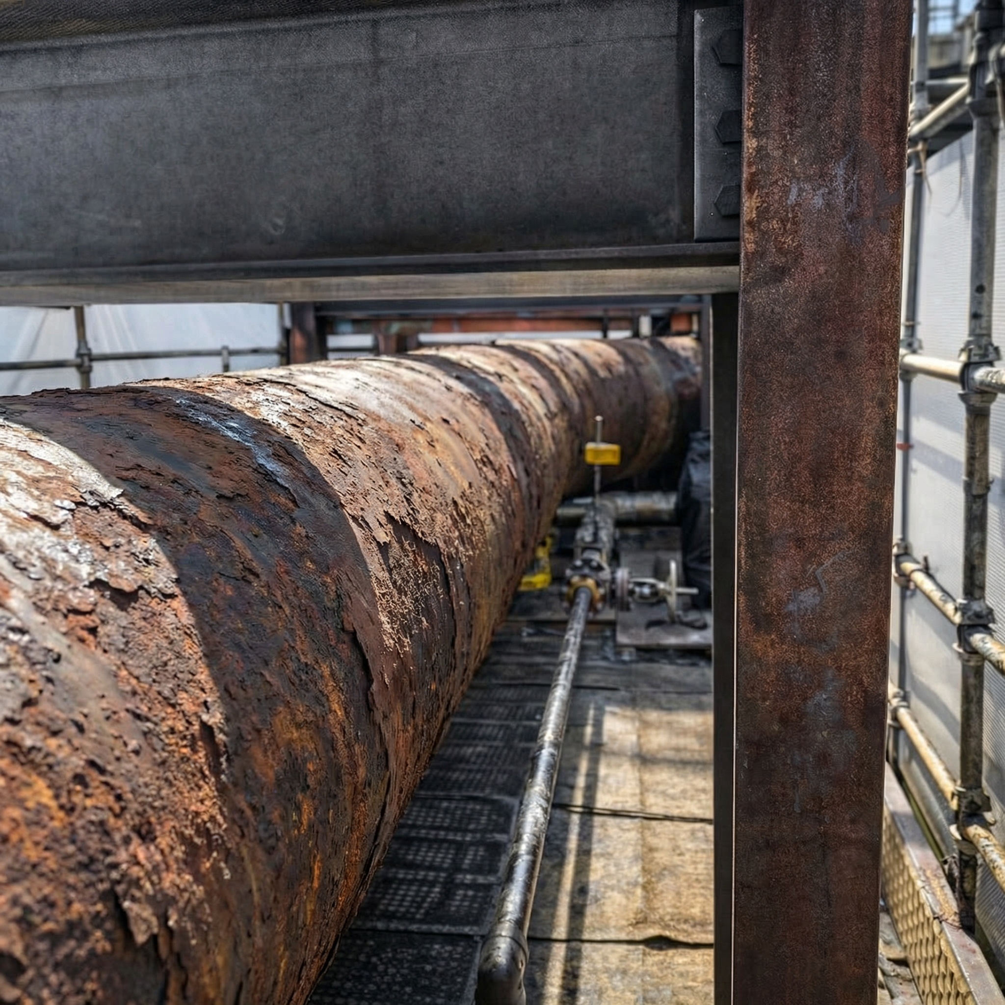 Before carbon fiber composite repair showing deteriorated industrial pipeline