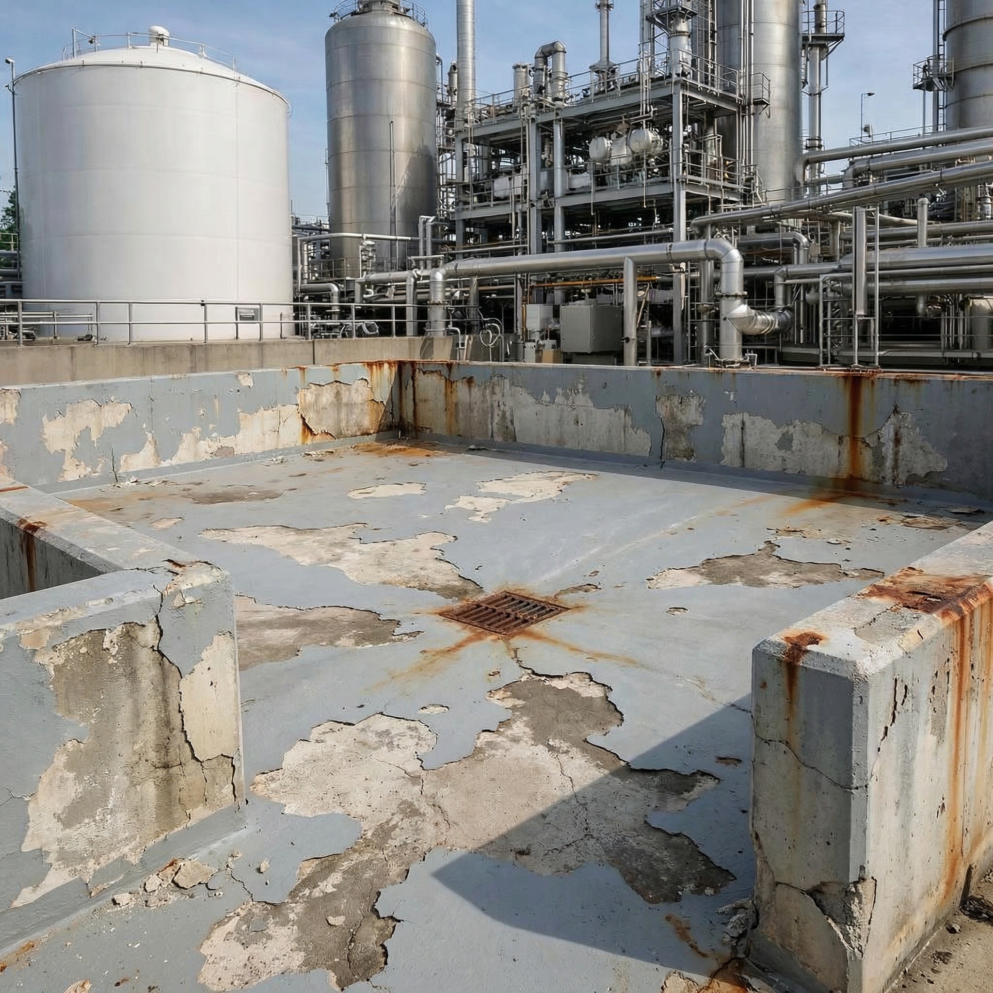 Before industrial coating project showing worn containment area surface before rehabilitation