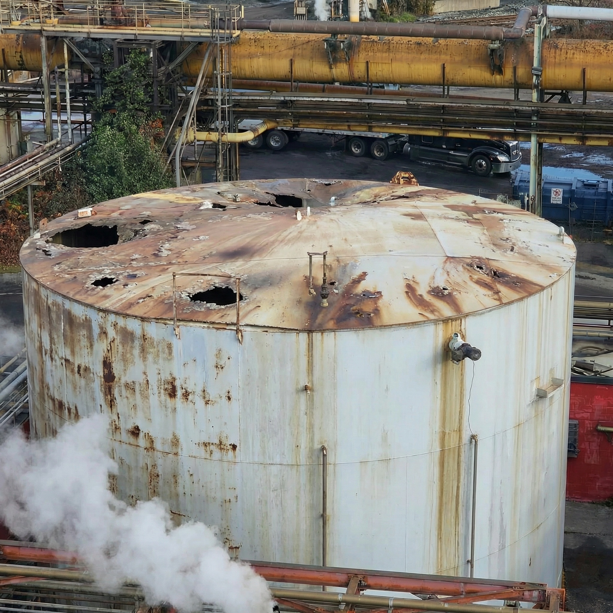 Before tank roof repair showing deteriorated industrial tank roof prior to rehabilitation
