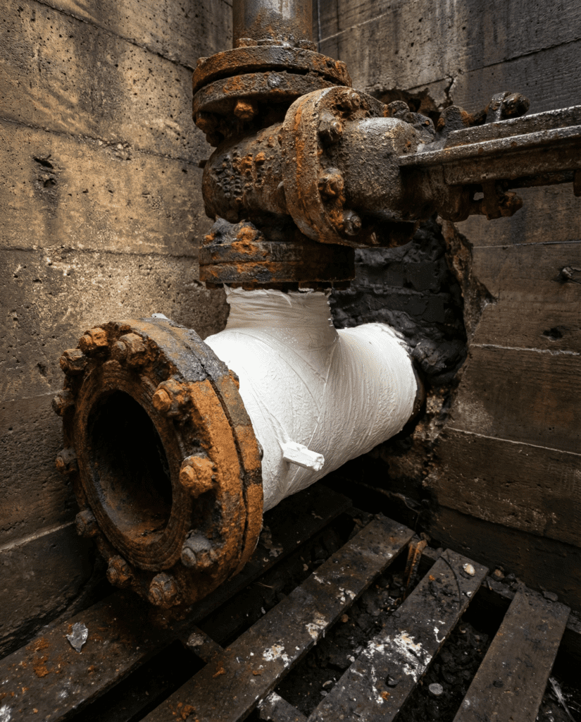 Completed composite repair installed on a tank valve to reinforce damaged metal and restore integrity