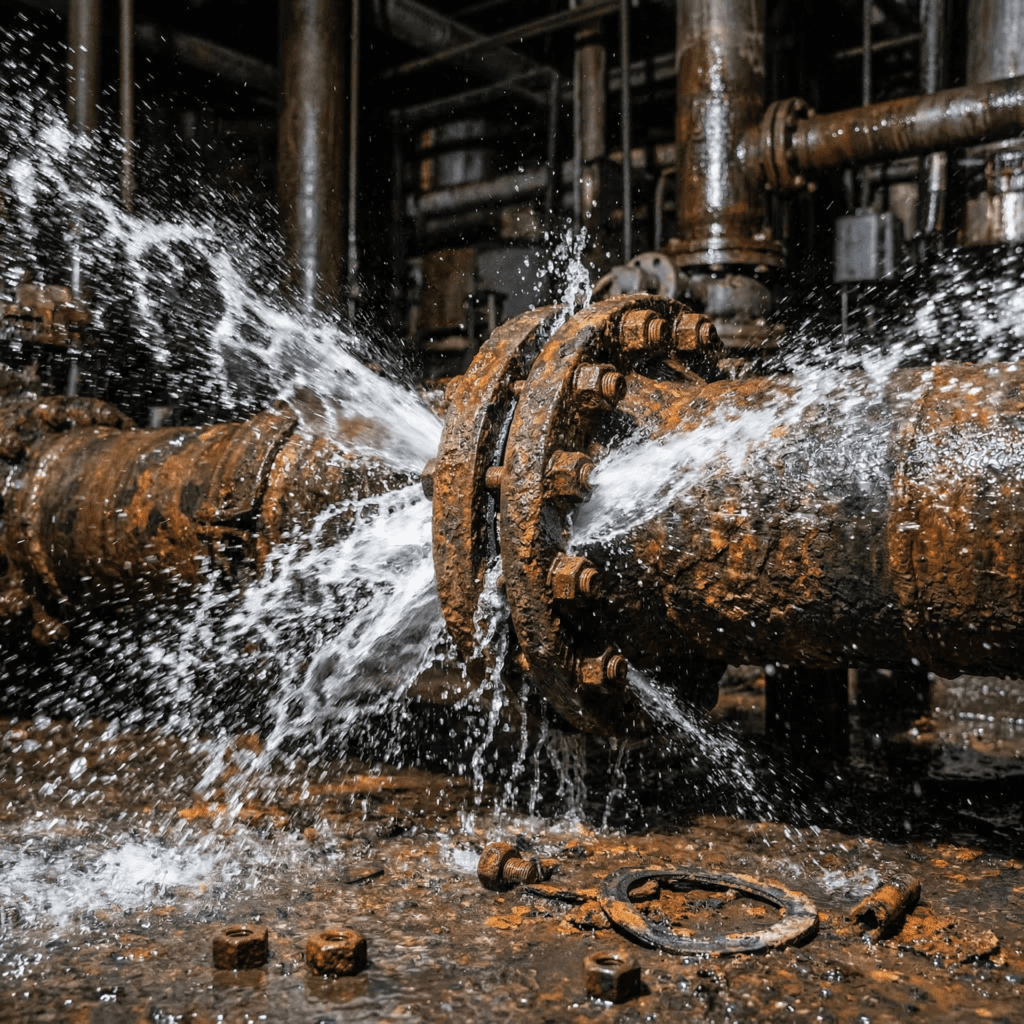 Active flange leak on corroded pipeline with water spraying from failed gasket connection