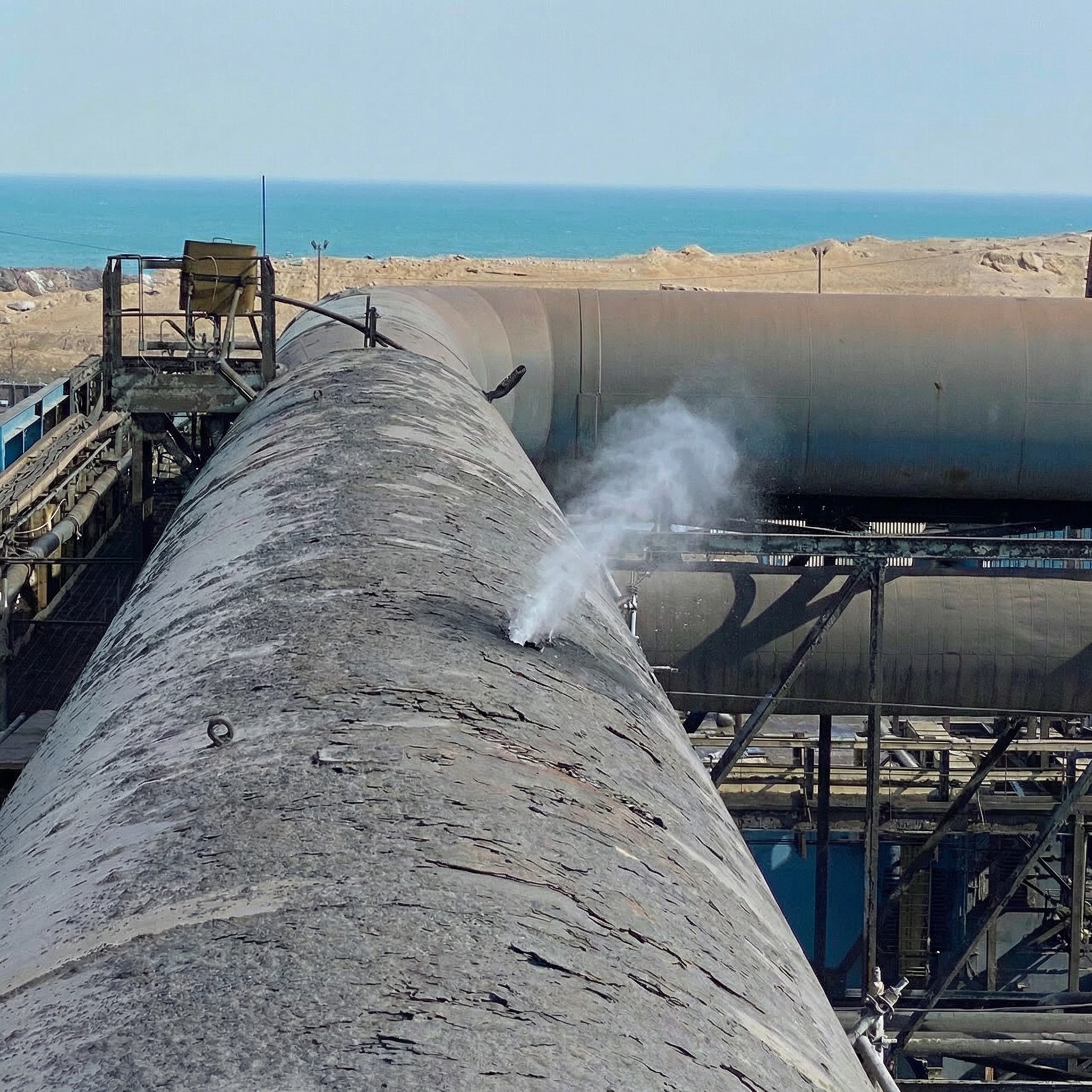 Corroded industrial stack with active leak before repair