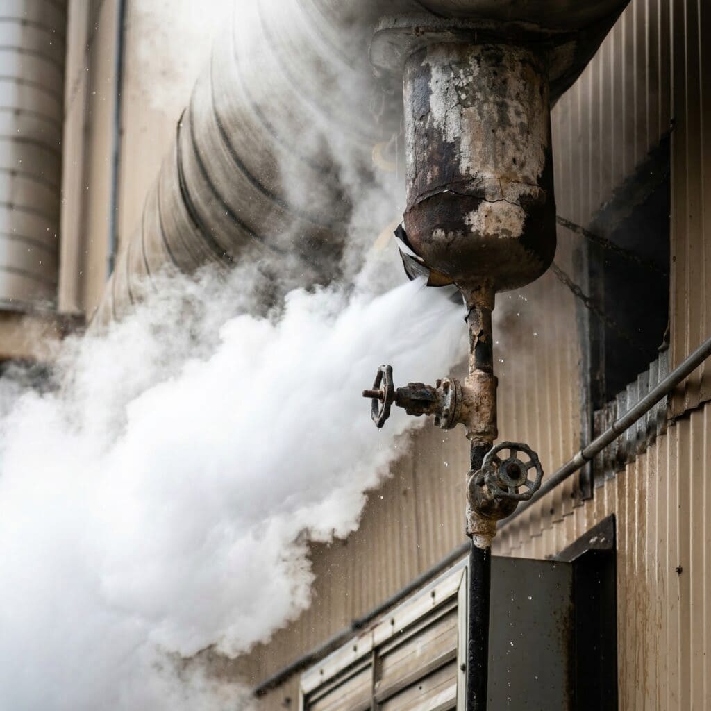 Active steam leak from corroded valve with high-pressure steam escaping from damaged connection