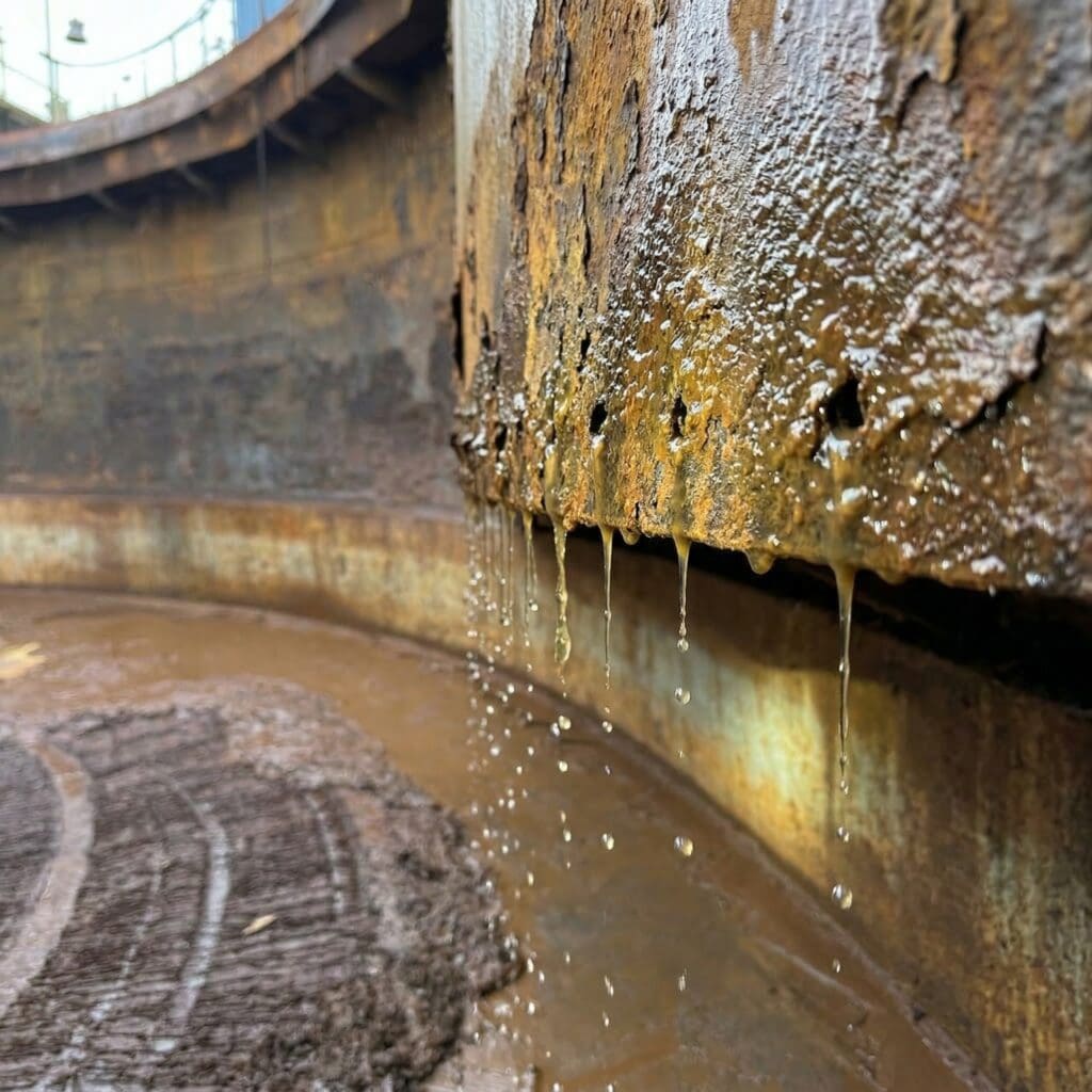 Active internal tank leak with fluid escaping from corroded tank wall or seam