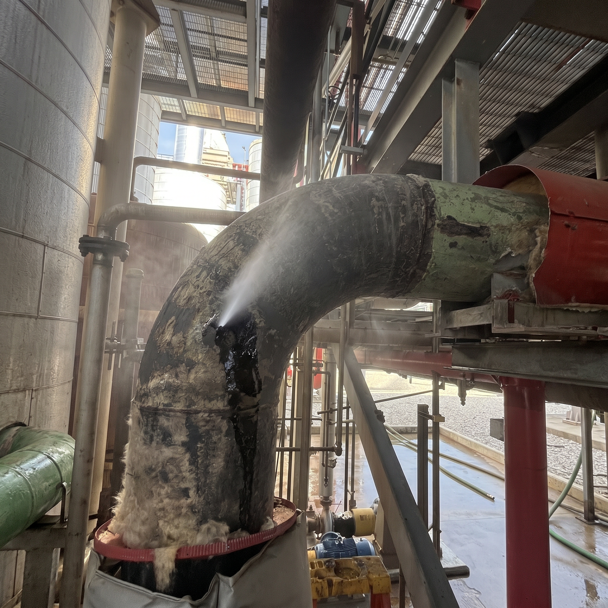 Before on-line leak repair showing active leak prior to clamp installation