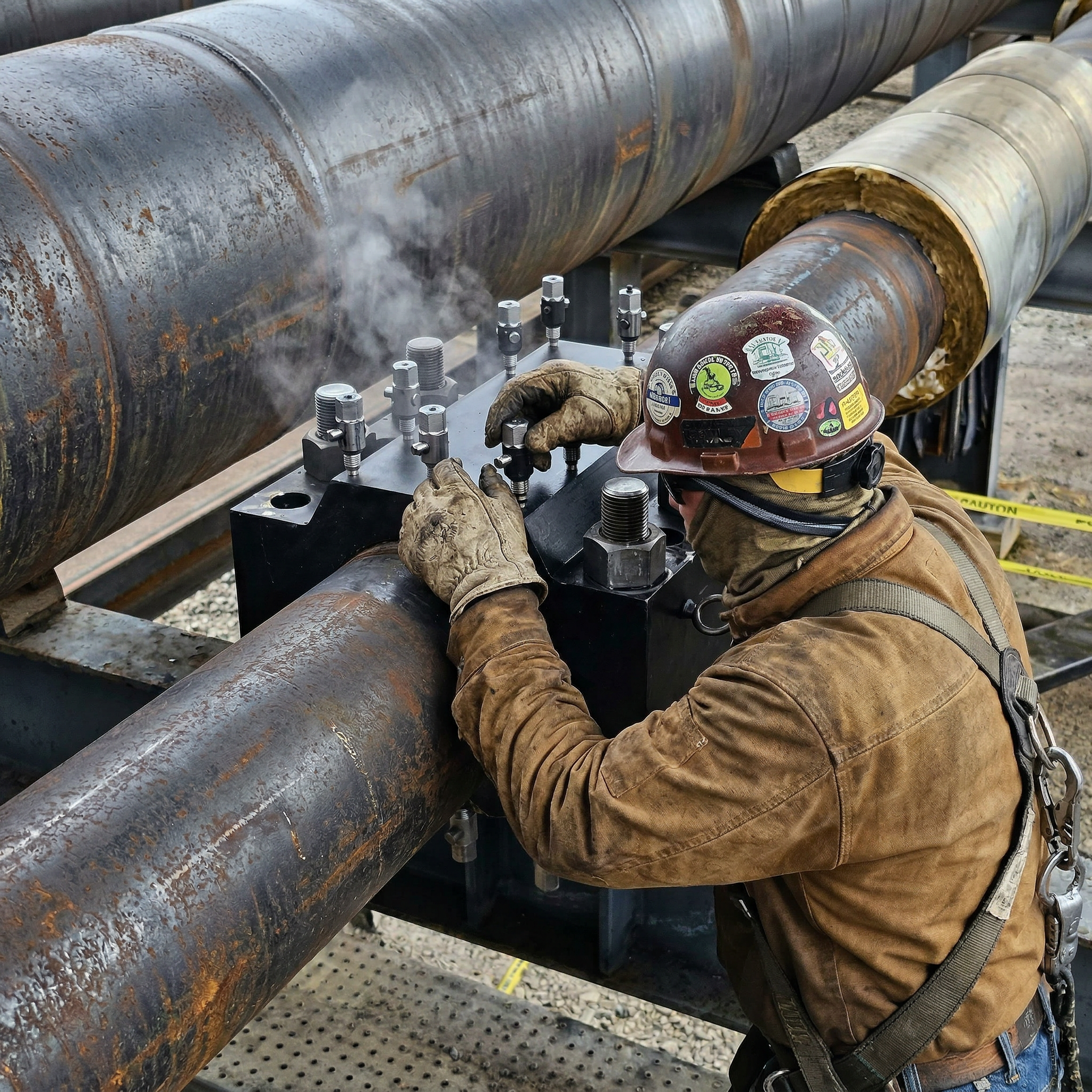 RAK technician installing clamp for on-line leak repair