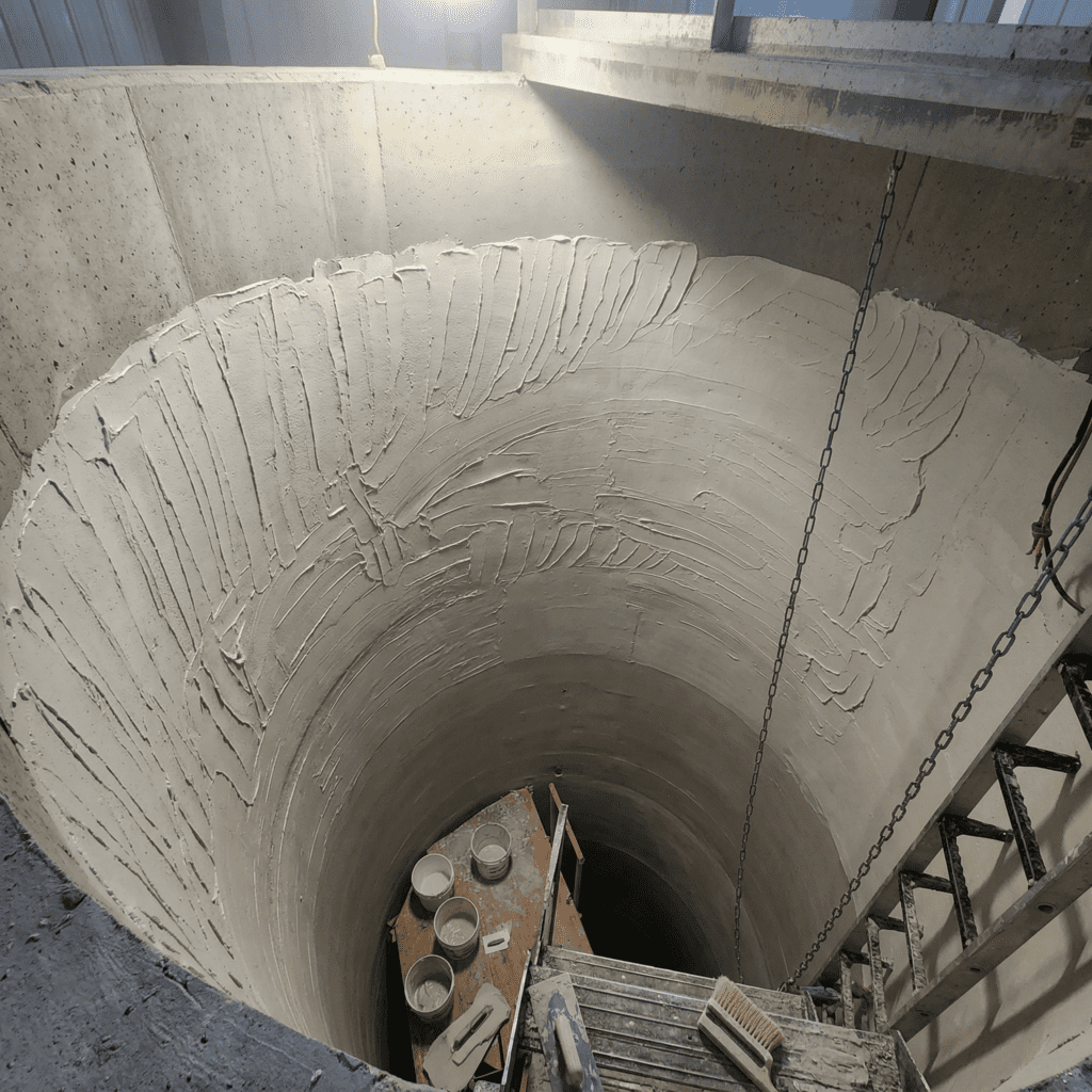 Worker applying protective coating inside industrial tank with trowel finish in facility