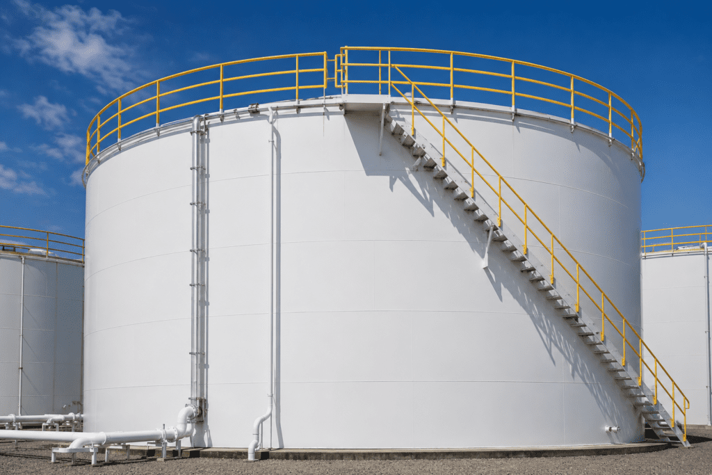 Industrial white storage tank with protective coating, yellow safety railings, and access staircase at an industrial facility